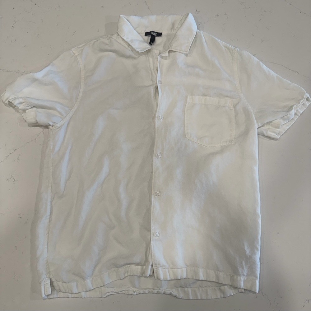Paige Men’s Linen Blend Short Sleeve White Button Up Shirt Large